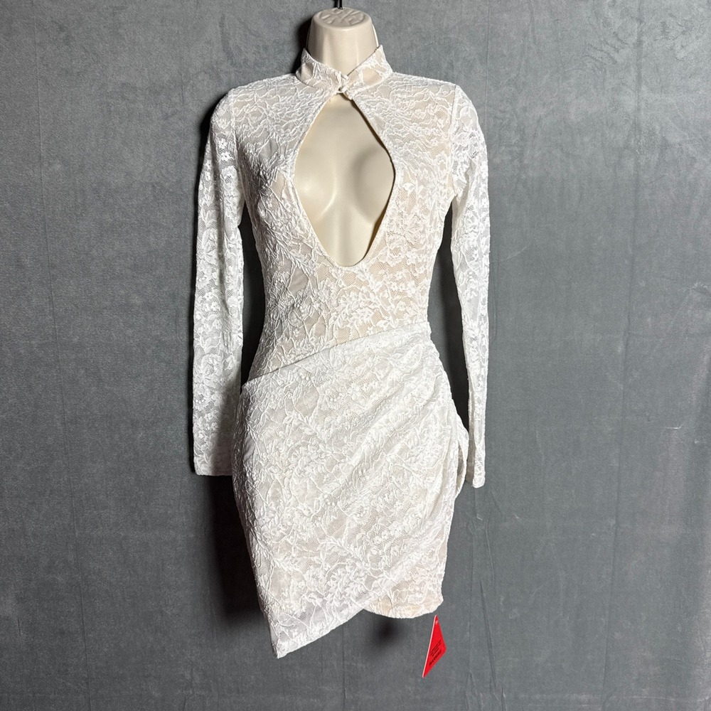 EGO White Lace Keyhole Mini Dress Sz 2 NWT Cut Out Draped front Party Cocktail